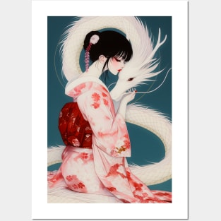 Geisha and white dragon 94012 Posters and Art